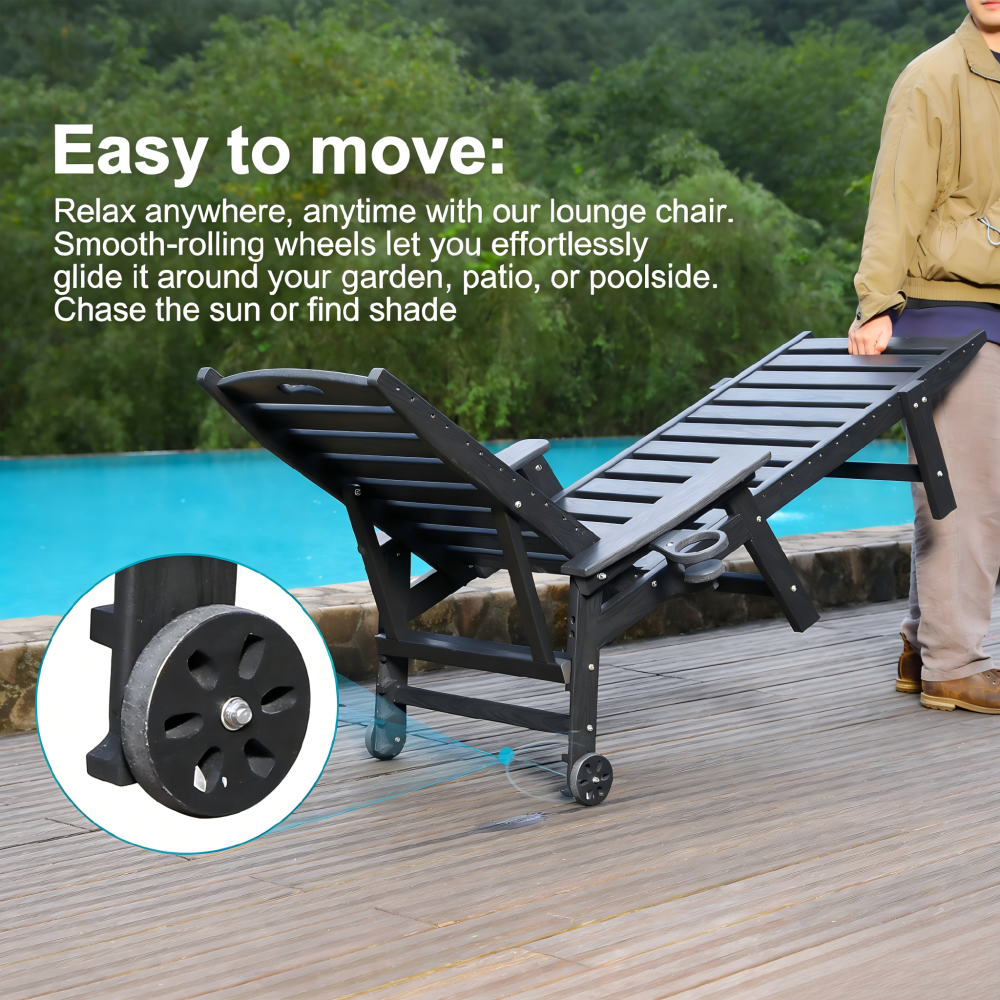 HDPE Chaise Lounge Chair | 4-Position Adjustable Outdoor Pool Lounger with Wheels & Cup Holder, 360 lb Capacity — Black