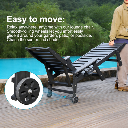 HDPE Chaise Lounge Chair | 4-Position Adjustable Outdoor Pool Lounger with Wheels & Cup Holder, 360 lb Capacity — Black