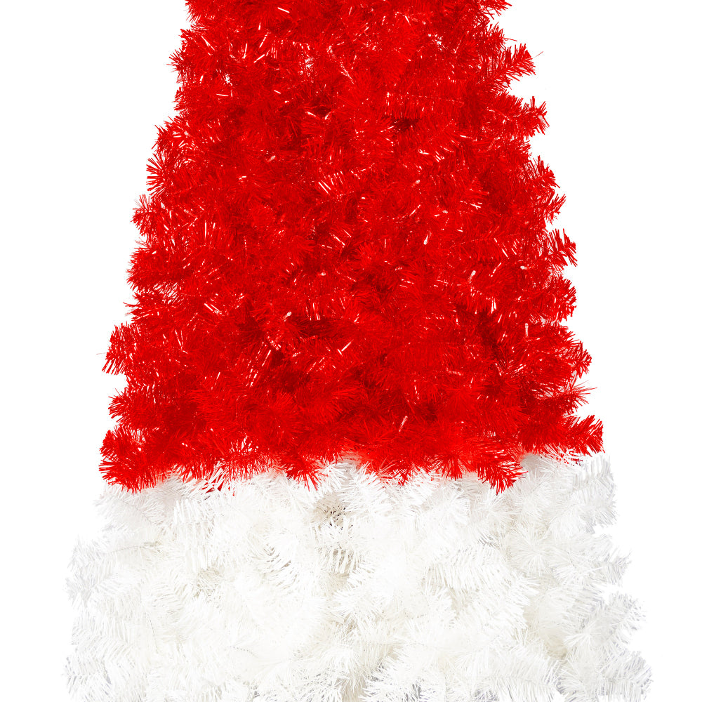 6 FT Santa Hat Shaped Christmas Tree | Pre-Lit Whimsical Curved Xmas Tree with 300 Cool White LEDs & 1050 PET Tips — Red & White