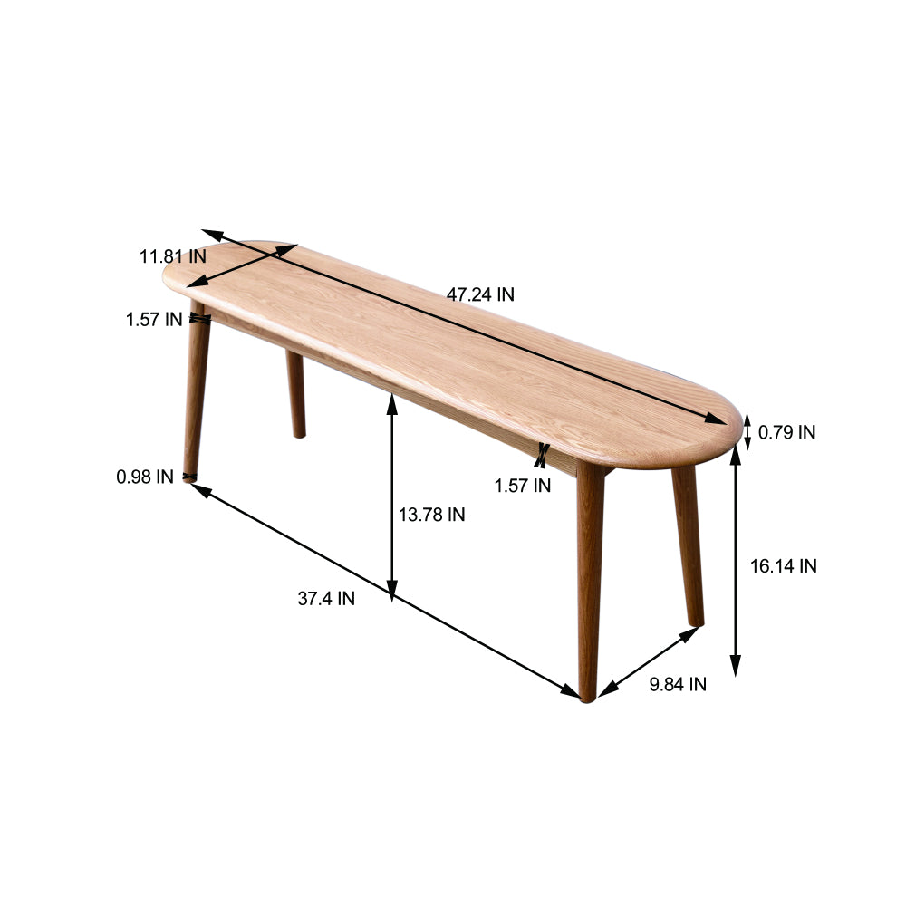 Solid Oak Dining Bench with Half-Round Ends | 47" Wide Seat for 2–3 People — Natural Wood Finish with Metal Reinforcement