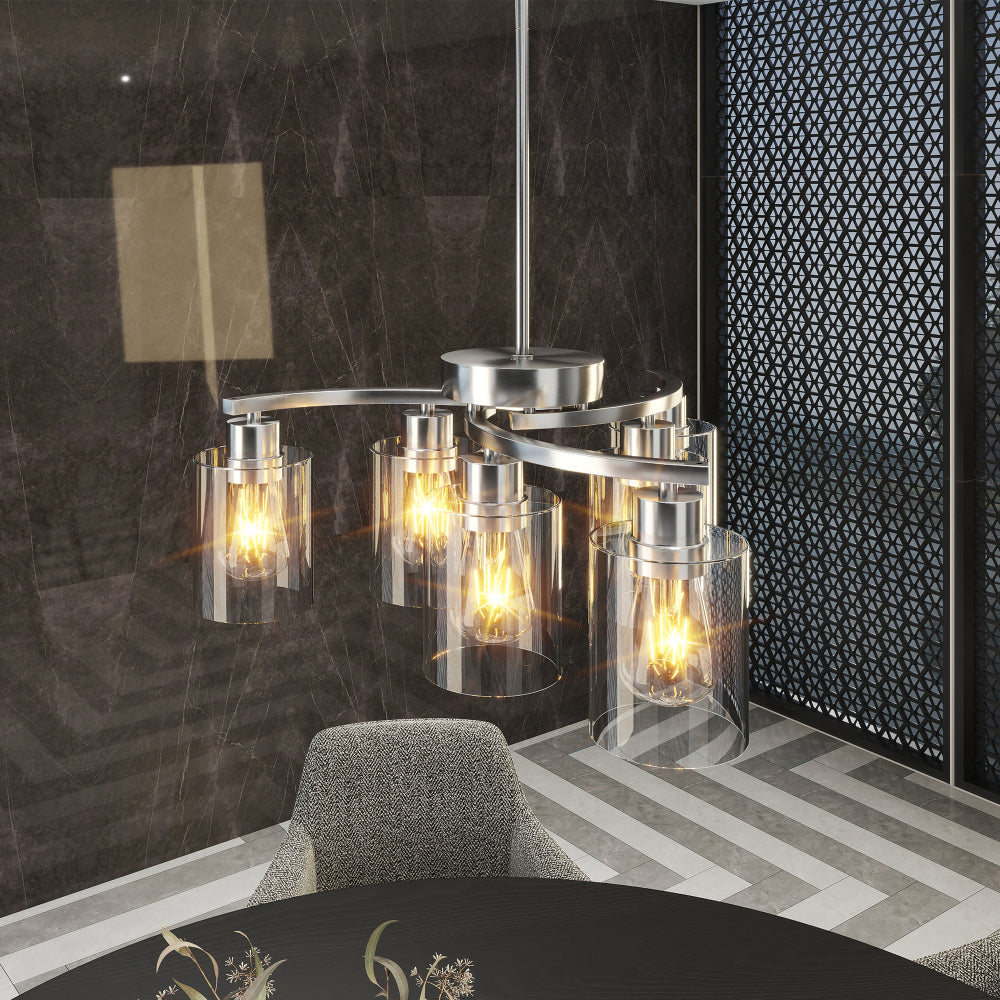 Chrome 6-light modern farmhouse chandelier with clear glass shades, adjustable height, dimmable, for dining room or kitchen island.