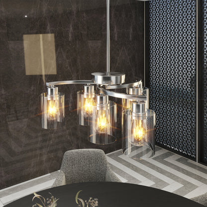 Chrome 6-light modern farmhouse chandelier with clear glass shades, adjustable height, dimmable, for dining room or kitchen island.