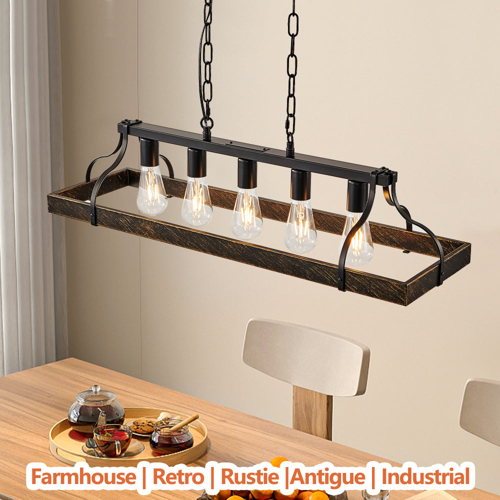 34-inch black and gold vintage chandelier with 5 lights, adjustable chain, hanging in dining room with farmhouse, retro, rustic, antique, industrial style above a wooden table