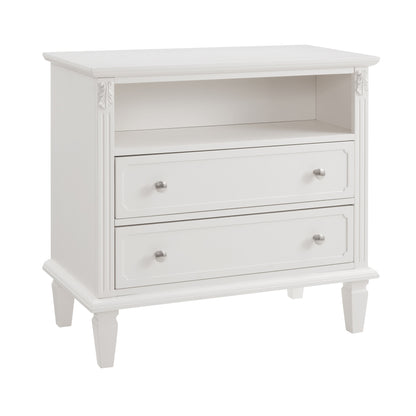 Farmhouse Nightstand with Charging Station | 2 Drawers & Open Shelf | Fluted Side Table with Solid Wood Legs