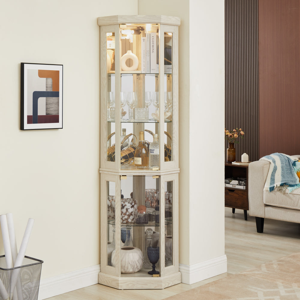 Lighted Corner Curio Cabinet Tall Display Case with Mirrored Back Glass Doors Adjustable Shelves White White