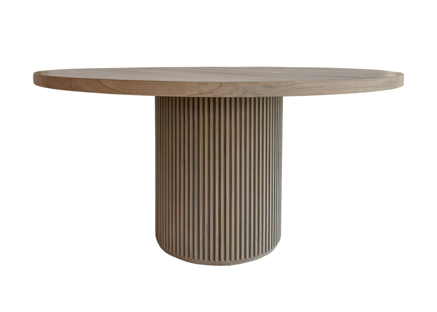 Selene Dining Table | 60" Round Solid Wood, Fluted Plinth Base, Soft Grey Ash, Seats 6