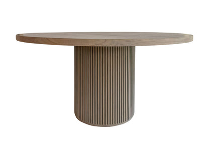 Selene Dining Table | 60" Round Solid Wood, Fluted Plinth Base, Soft Grey Ash, Seats 6
