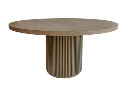Selene Dining Table | 60" Round Solid Wood, Fluted Plinth Base, Soft Grey Ash, Seats 6