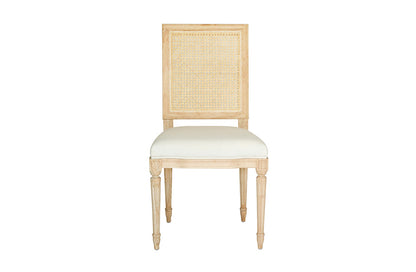 Bienville Cane Back Dining Chair | Hand-Carved Louis XVI, Natural Oak & White Linen, Coastal Style