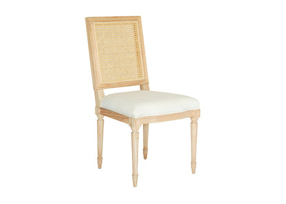 Bienville Cane Back Dining Chair | Hand-Carved Louis XVI, Natural Oak & White Linen, Coastal Style