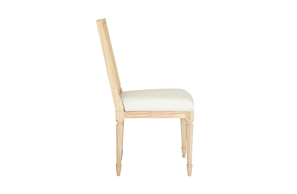 Bienville Cane Back Dining Chair | Hand-Carved Louis XVI, Natural Oak & White Linen, Coastal Style