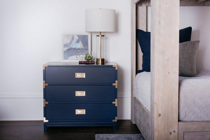 Carlyle Campaign Dresser | 3-Drawer Navy Blue, Brass Hardware, Soft-Close Glides