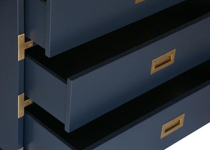 Carlyle Campaign Dresser | 3-Drawer Navy Blue, Brass Hardware, Soft-Close Glides