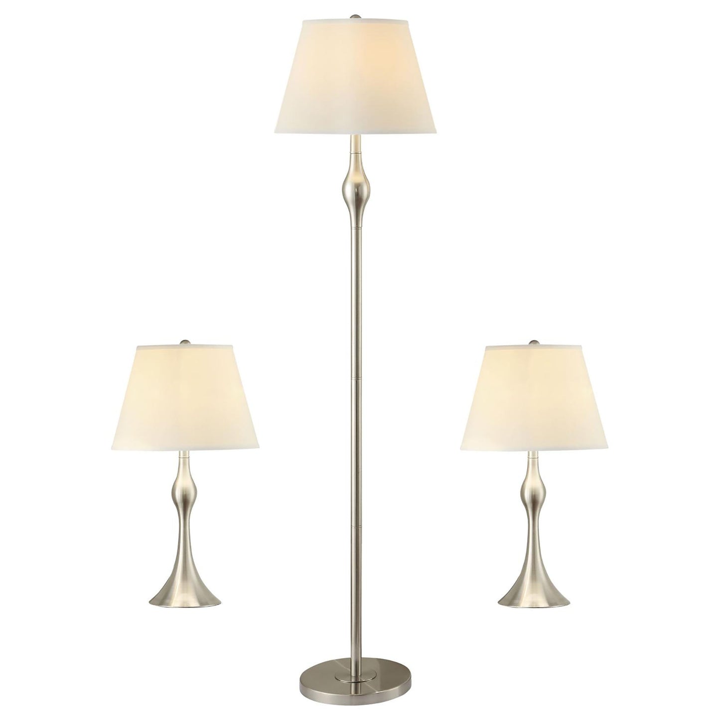 3-Piece Lamp Set – Brushed Nickel & Beige Faux Silk Empire Shades | Floor Lamp + 2 Table Lamps
