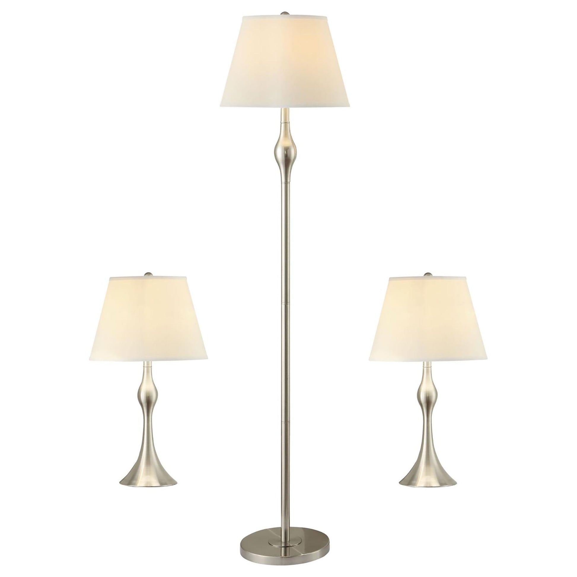 3-Piece Lamp Set – Brushed Nickel & Beige Faux Silk Empire Shades | Floor Lamp + 2 Table Lamps