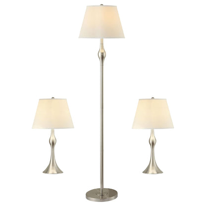 3-Piece Lamp Set – Brushed Nickel & Beige Faux Silk Empire Shades | Floor Lamp + 2 Table Lamps