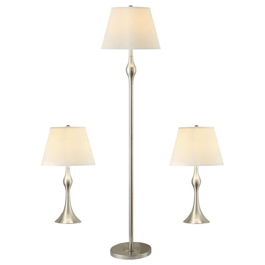 3-Piece Lamp Set – Brushed Nickel & Beige Faux Silk Empire Shades | Floor Lamp + 2 Table Lamps