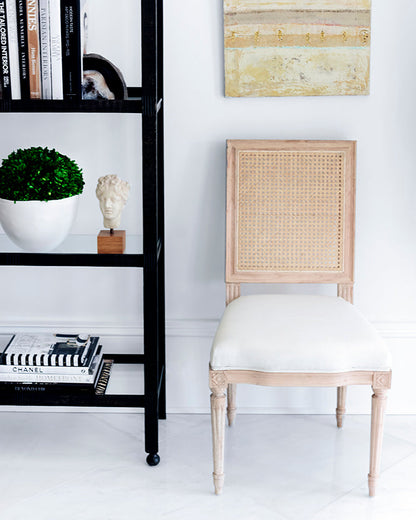 Bienville Cane Back Dining Chair | Hand-Carved Louis XVI, Natural Oak & White Linen, Coastal Style