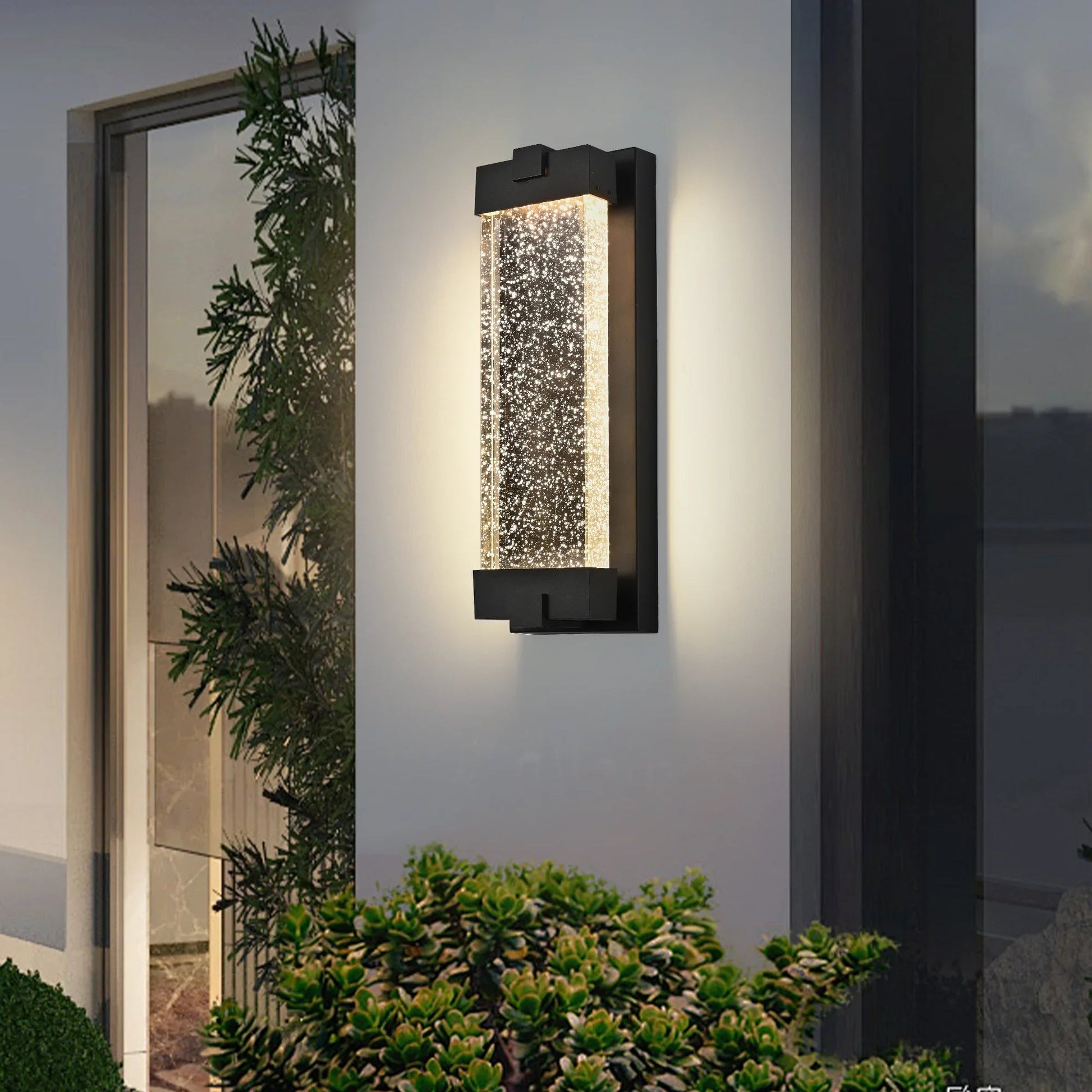 Outdoor LED Wall Sconce – Bubble Crystal Glass, 3000K Warm White & Black Aluminum | Up & Down Porch Light