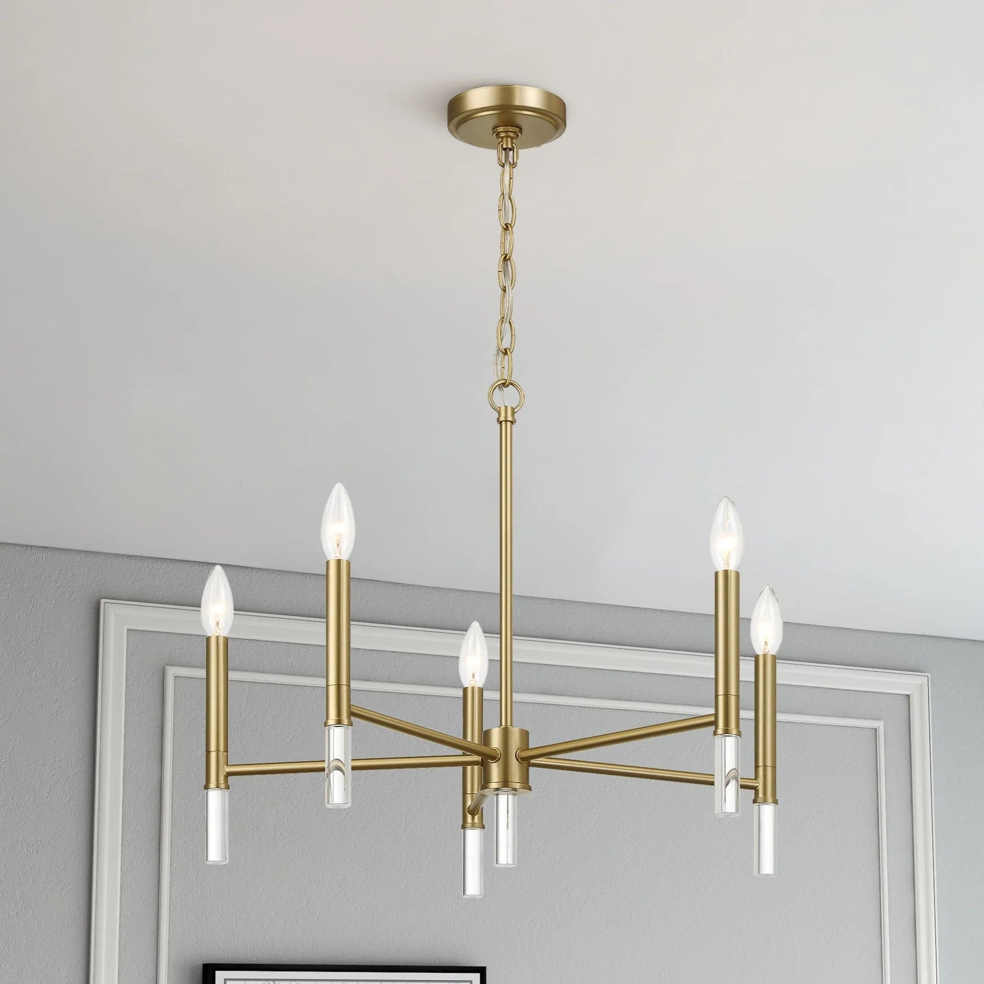 5-Light Golden Brass Candle Chandelier | 24"W Elegant Ceiling Fixture with Clear Glass Accents — Dining Room, Living Room & Entryway