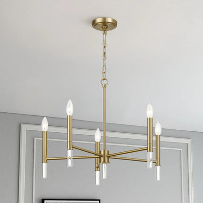 5-Light Golden Brass Candle Chandelier | 24"W Elegant Ceiling Fixture with Clear Glass Accents — Dining Room, Living Room & Entryway