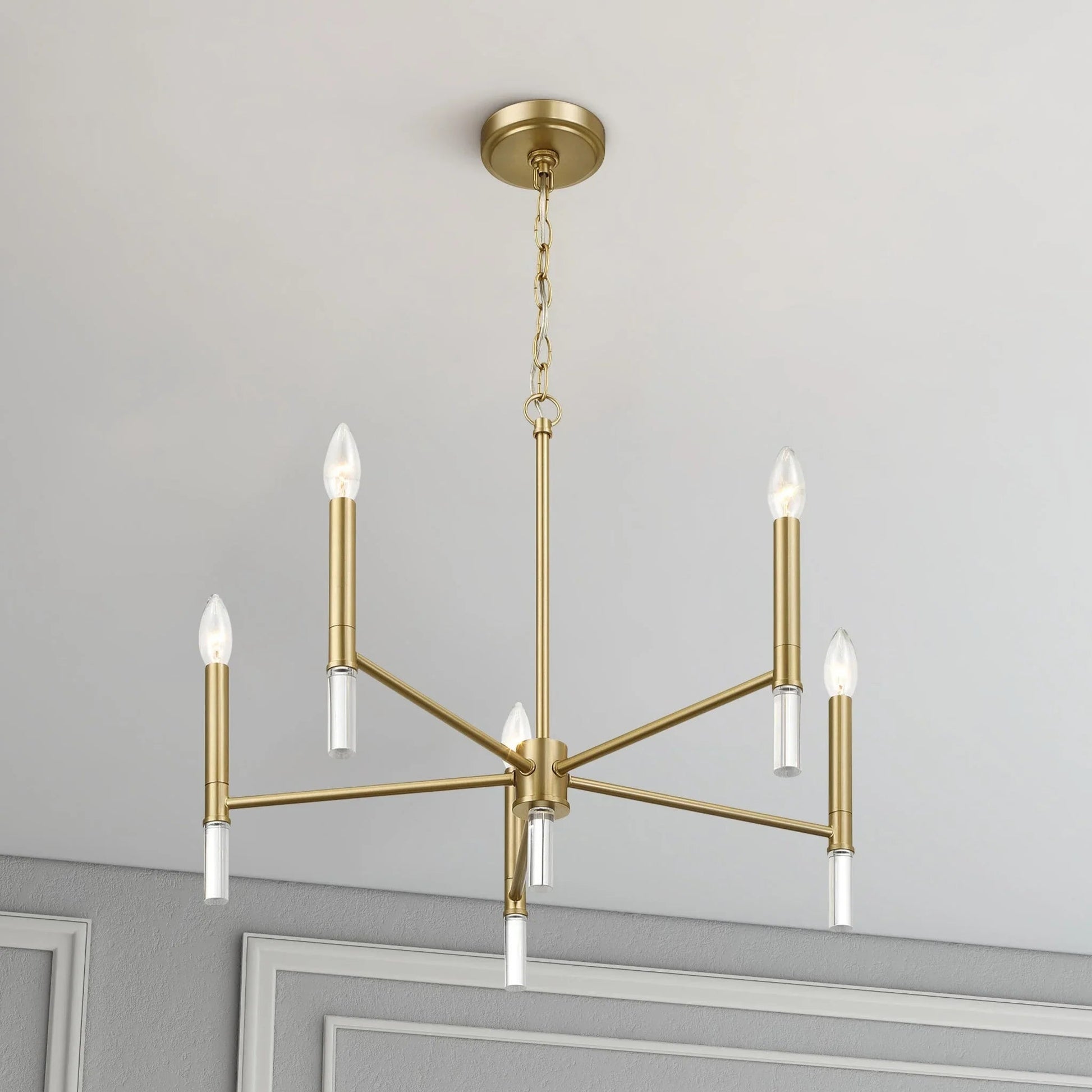 5-Light Golden Brass Candle Chandelier | 24"W Elegant Ceiling Fixture with Clear Glass Accents — Dining Room, Living Room & Entryway