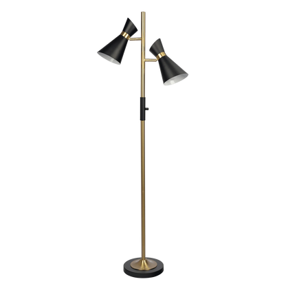 Double Spot Floor Lamp – Brushed Gold Finish, 4-Way Switch & Metal Base | Modern Reading & Accent Lighting