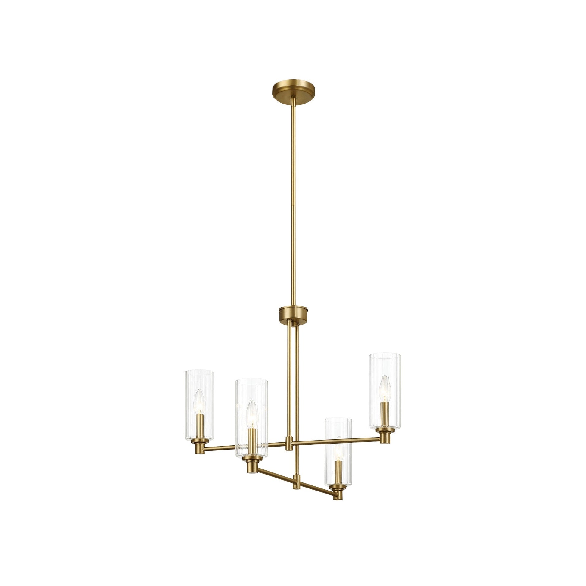 4-Light Pendant Chandelier – Clear Ribbed Glass Shades & Satin Brass Finish | Dining Room & Living Room