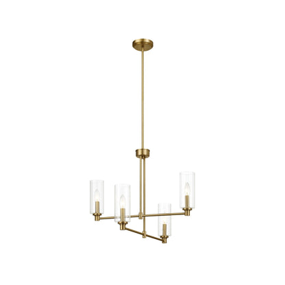 4-Light Pendant Chandelier – Clear Ribbed Glass Shades & Satin Brass Finish | Dining Room & Living Room