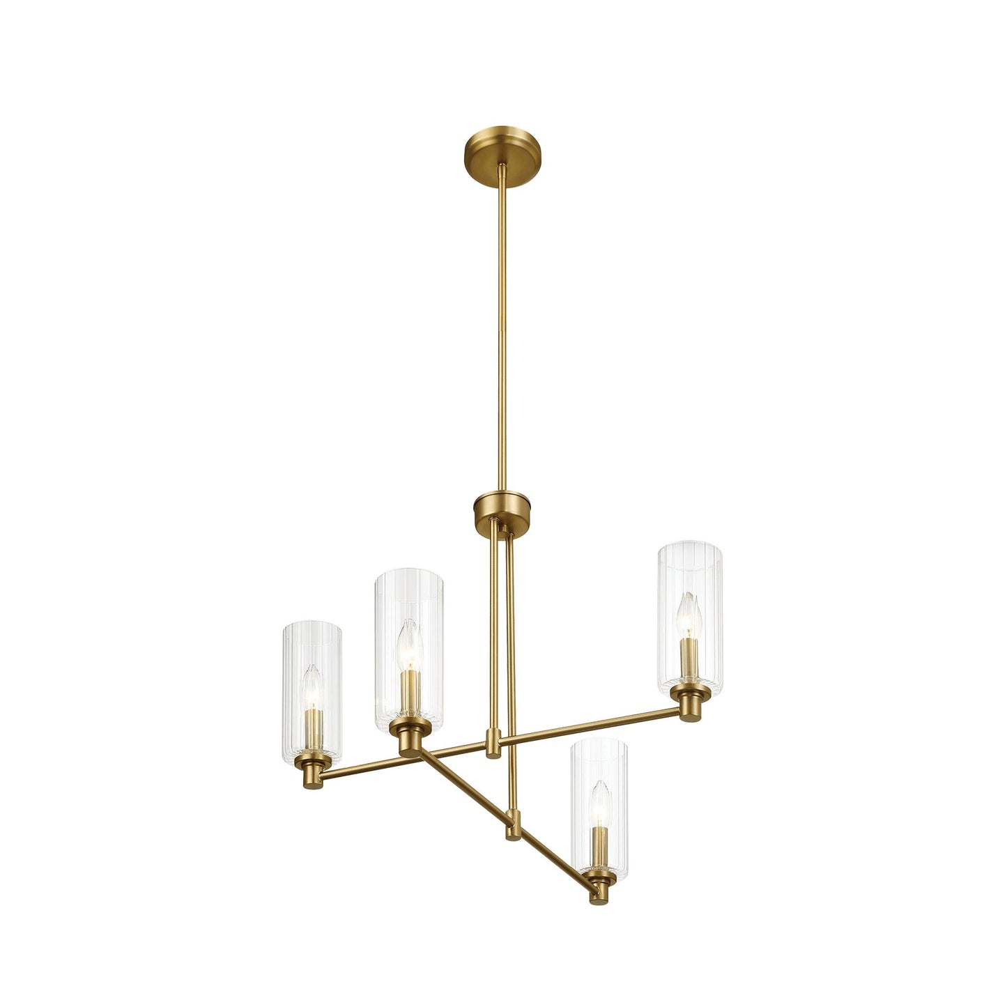 4-Light Pendant Chandelier – Clear Ribbed Glass Shades & Satin Brass Finish | Dining Room & Living Room