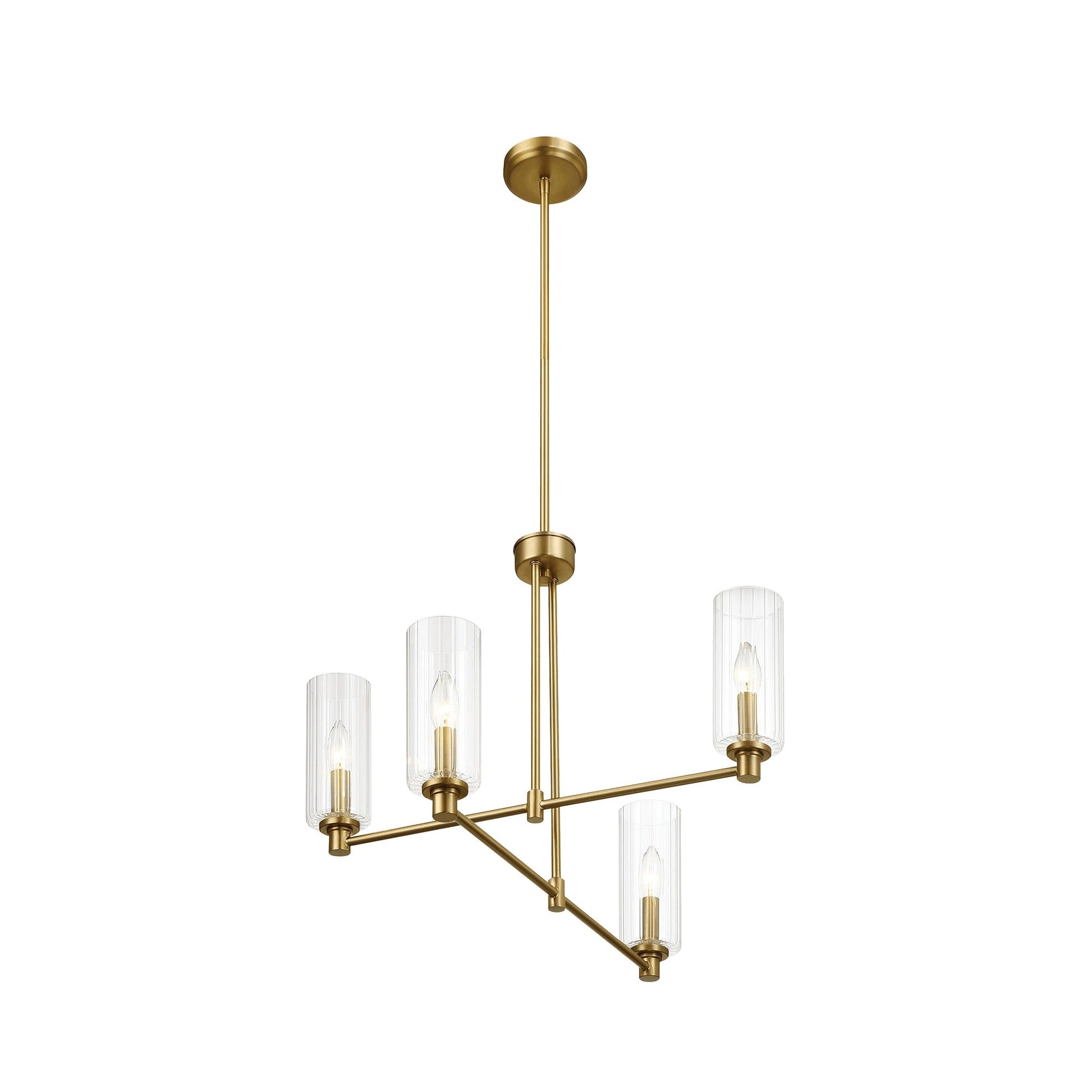 4-Light Pendant Chandelier – Clear Ribbed Glass Shades & Satin Brass Finish | Dining Room & Living Room