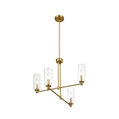 4-Light Pendant Chandelier – Clear Ribbed Glass Shades & Satin Brass Finish | Dining Room & Living Room