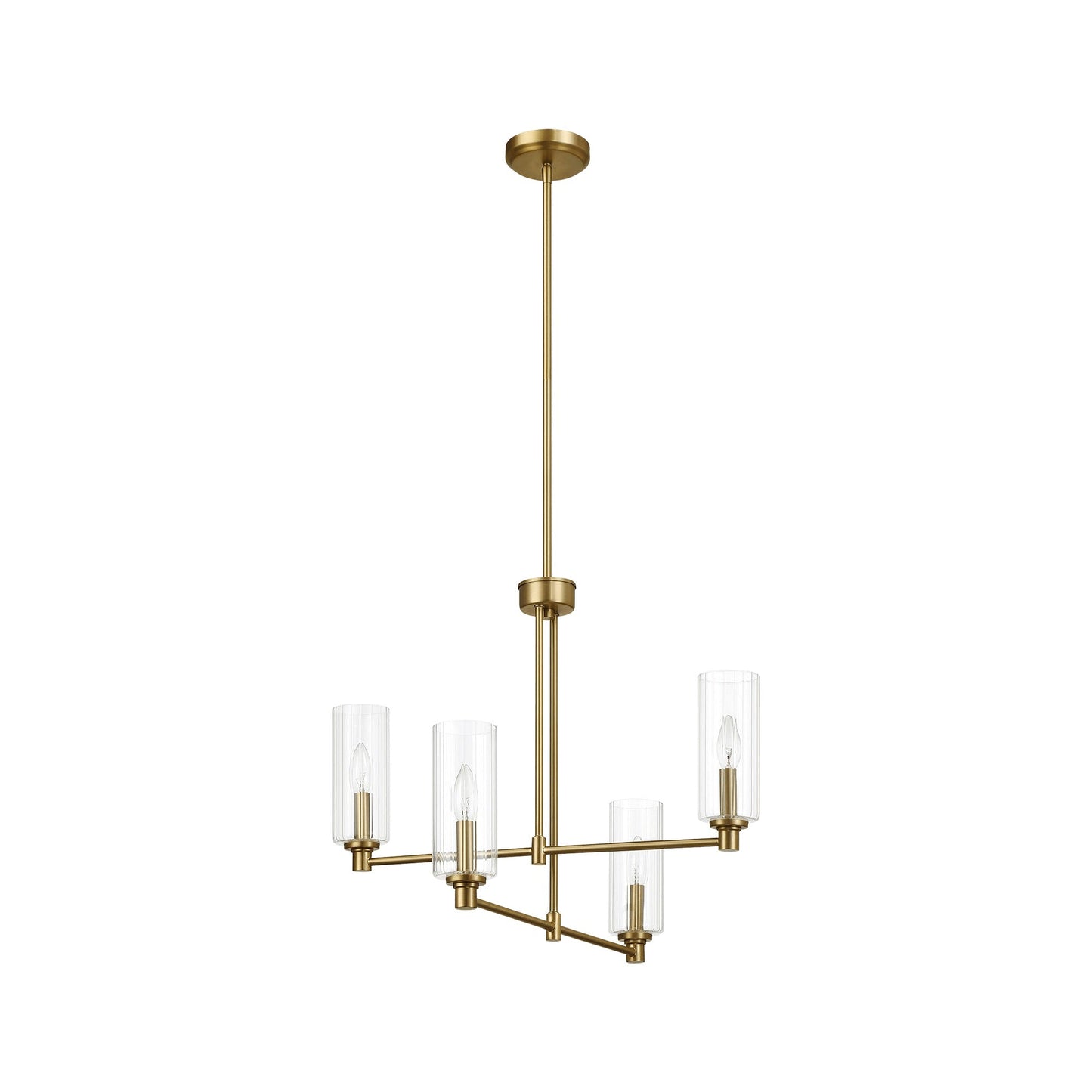 4-Light Pendant Chandelier – Clear Ribbed Glass Shades & Satin Brass Finish | Dining Room & Living Room