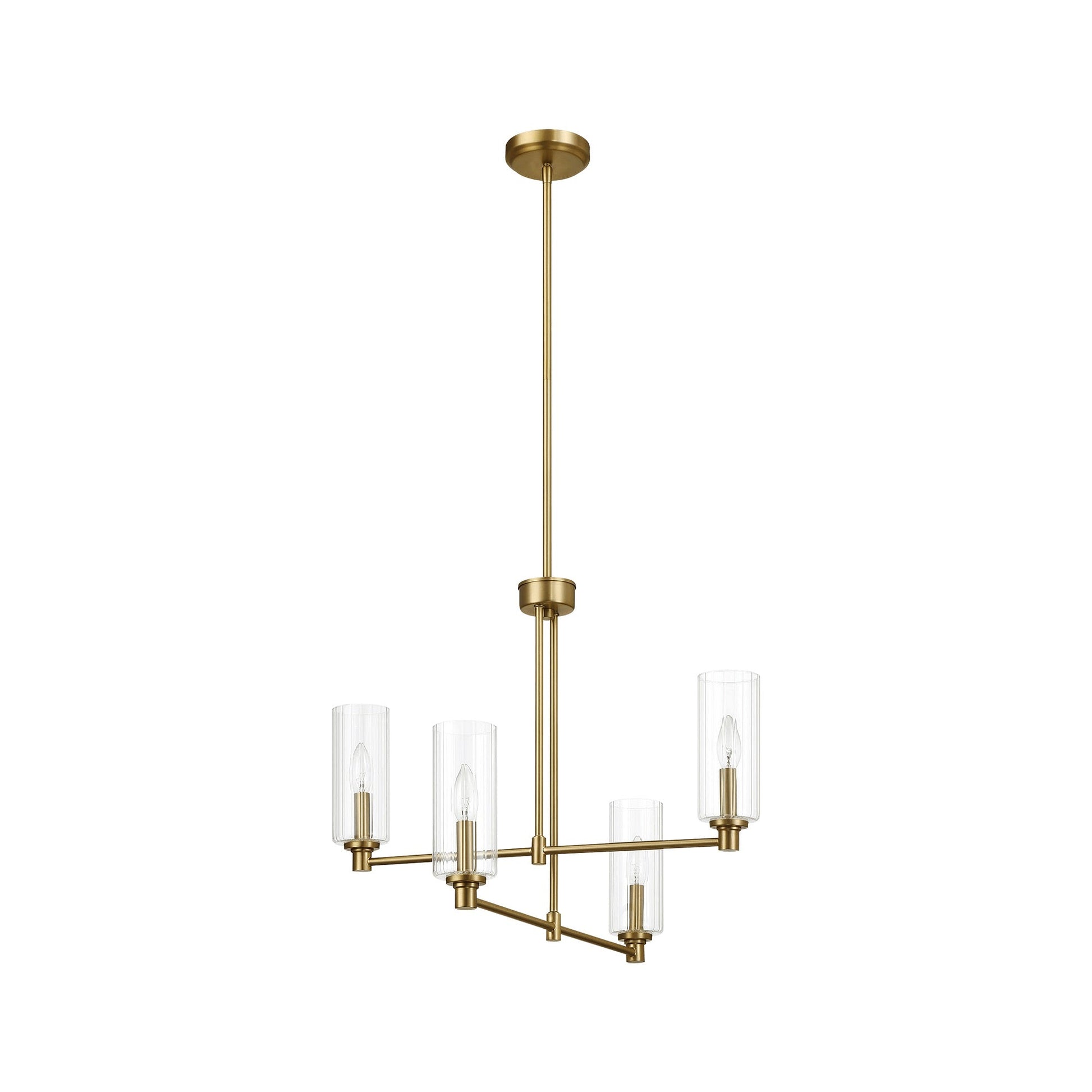 4-Light Pendant Chandelier – Clear Ribbed Glass Shades & Satin Brass Finish | Dining Room & Living Room