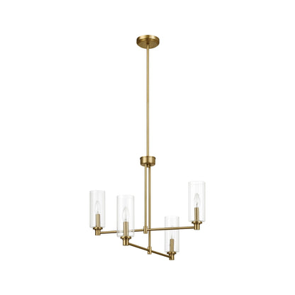 4-Light Pendant Chandelier – Clear Ribbed Glass Shades & Satin Brass Finish | Dining Room & Living Room