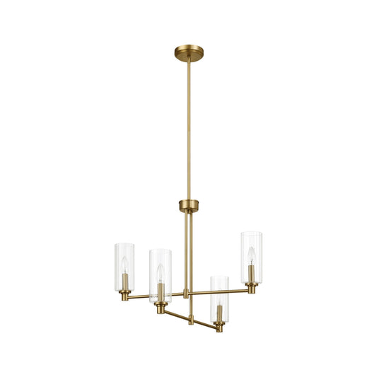 4-Light Pendant Chandelier – Clear Ribbed Glass Shades & Satin Brass Finish | Dining Room & Living Room