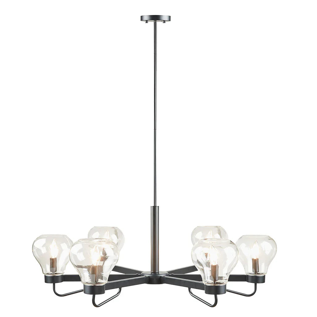 6-Light Black Chandelier with Clear Bowl Glass Shades | Mid-Century Modern Ceiling Light, Adjustable Height — Matte Black, 36.25" Wide