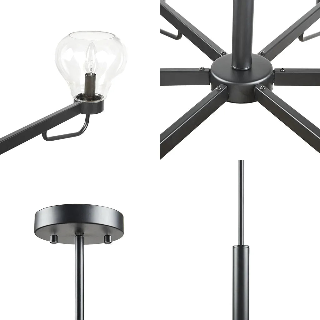 6-Light Black Chandelier with Clear Bowl Glass Shades | Mid-Century Modern Ceiling Light, Adjustable Height — Matte Black, 36.25" Wide