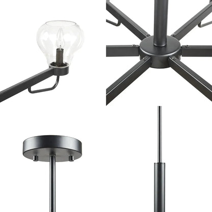 6-Light Black Chandelier with Clear Bowl Glass Shades | Mid-Century Modern Ceiling Light, Adjustable Height — Matte Black, 36.25" Wide