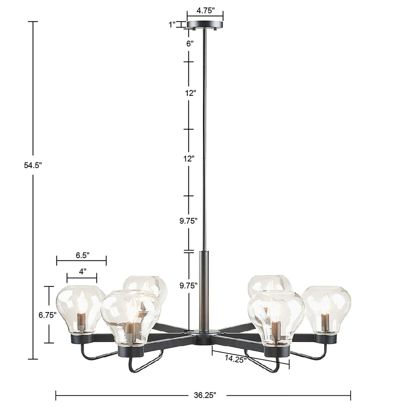 6-Light Black Chandelier with Clear Bowl Glass Shades | Mid-Century Modern Ceiling Light, Adjustable Height — Matte Black, 36.25" Wide