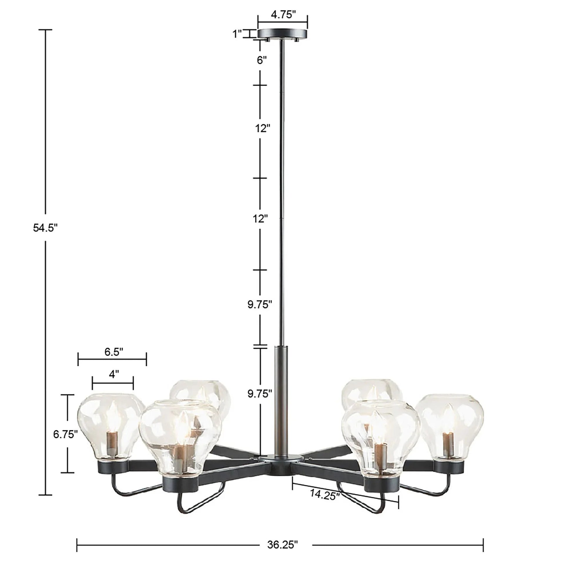 6-Light Black Chandelier with Clear Bowl Glass Shades | Mid-Century Modern Ceiling Light, Adjustable Height — Matte Black, 36.25" Wide