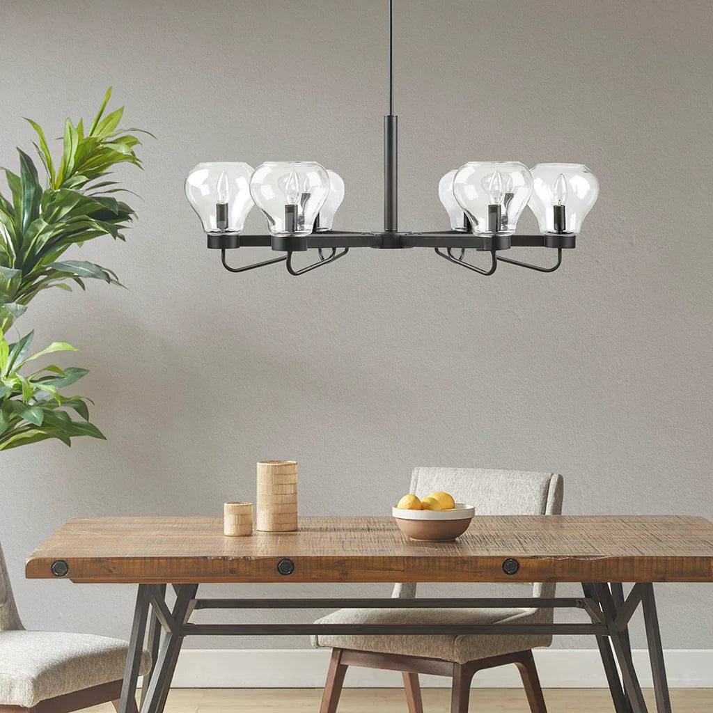 6-Light Black Chandelier with Clear Bowl Glass Shades | Mid-Century Modern Ceiling Light, Adjustable Height — Matte Black, 36.25" Wide