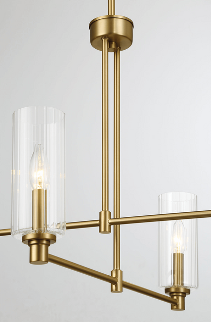 4-Light Pendant Chandelier – Clear Ribbed Glass Shades & Satin Brass Finish | Dining Room & Living Room
