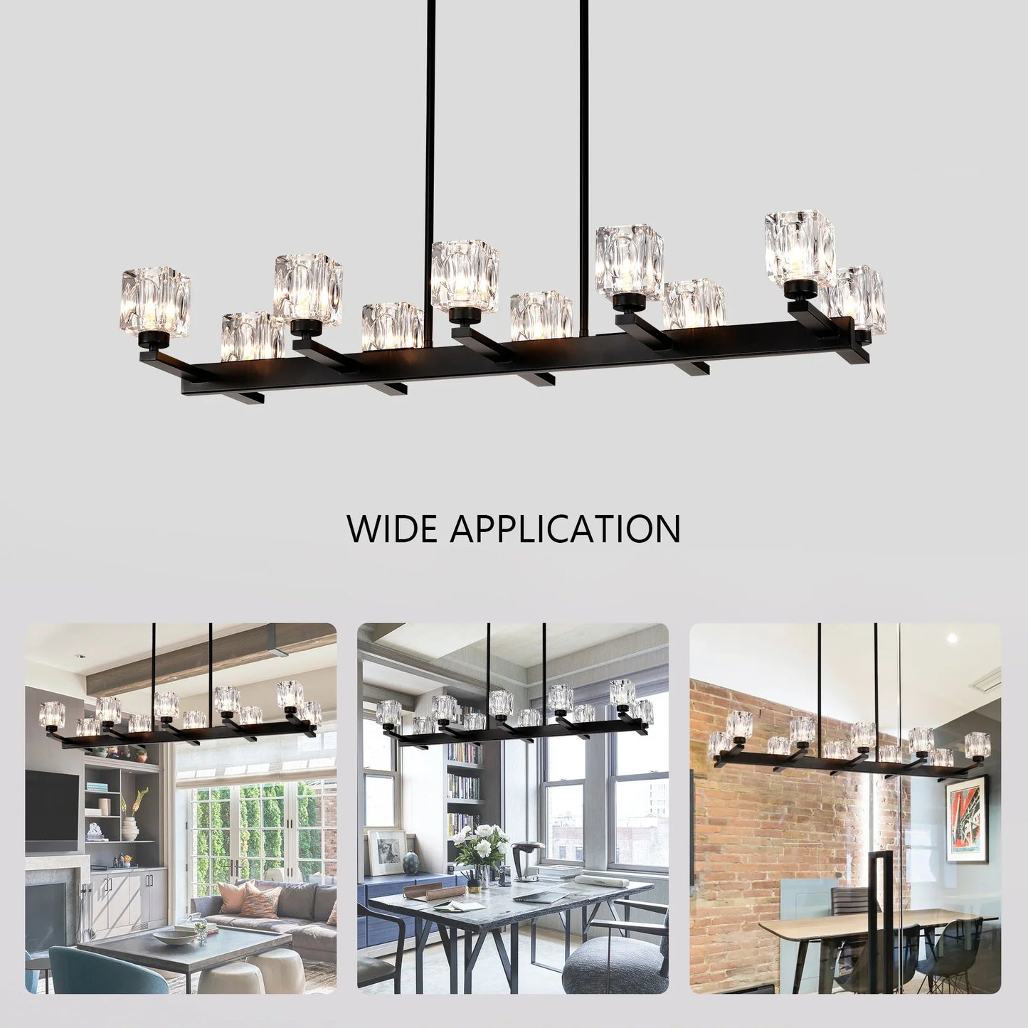 10-Light Black Linear Crystal Chandelier | Farmhouse Modern Pendant Light for Dining Room, Kitchen Island & Living Room — 35.67" Wide