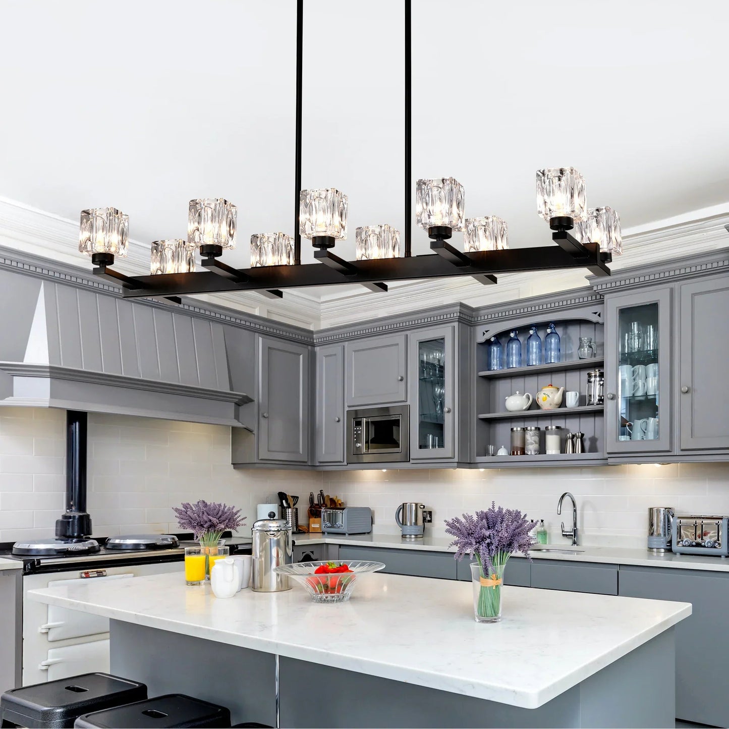10-Light Black Linear Crystal Chandelier | Farmhouse Modern Pendant Light for Dining Room, Kitchen Island & Living Room — 35.67" Wide
