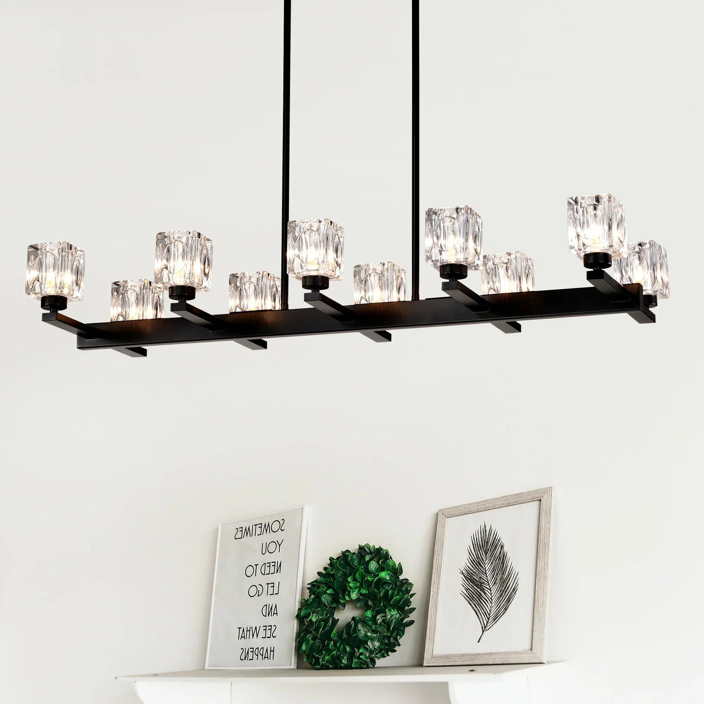 10-Light Black Linear Crystal Chandelier | Farmhouse Modern Pendant Light for Dining Room, Kitchen Island & Living Room — 35.67" Wide