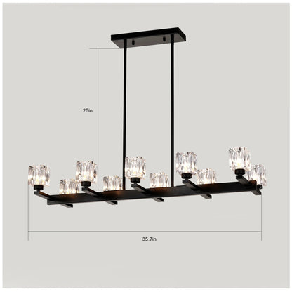 10-Light Black Linear Crystal Chandelier | Farmhouse Modern Pendant Light for Dining Room, Kitchen Island & Living Room — 35.67" Wide