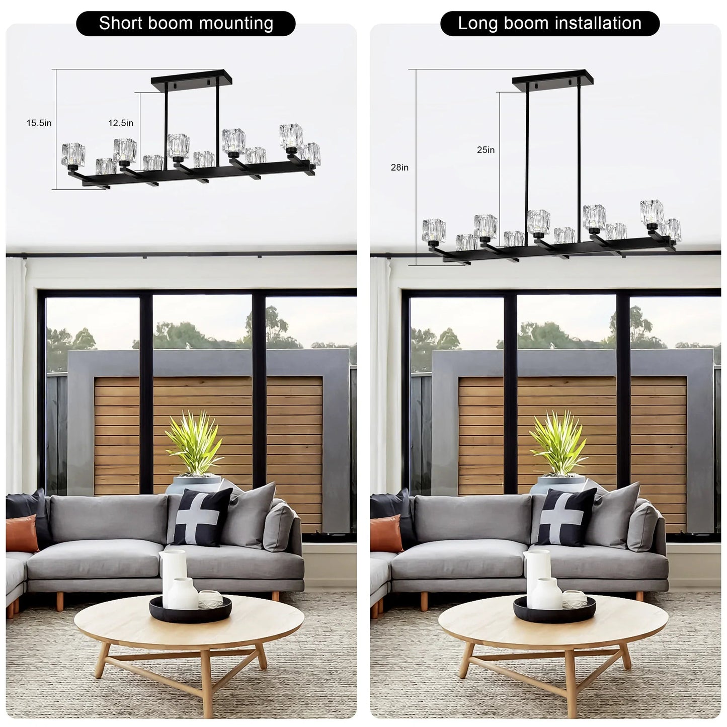 10-Light Black Linear Crystal Chandelier | Farmhouse Modern Pendant Light for Dining Room, Kitchen Island & Living Room — 35.67" Wide