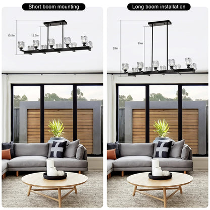 10-Light Black Linear Crystal Chandelier | Farmhouse Modern Pendant Light for Dining Room, Kitchen Island & Living Room — 35.67" Wide