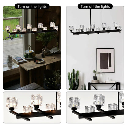 10-Light Black Linear Crystal Chandelier | Farmhouse Modern Pendant Light for Dining Room, Kitchen Island & Living Room — 35.67" Wide